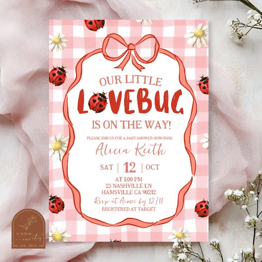 Gingham Red Lovebug Baby Shower Kaart