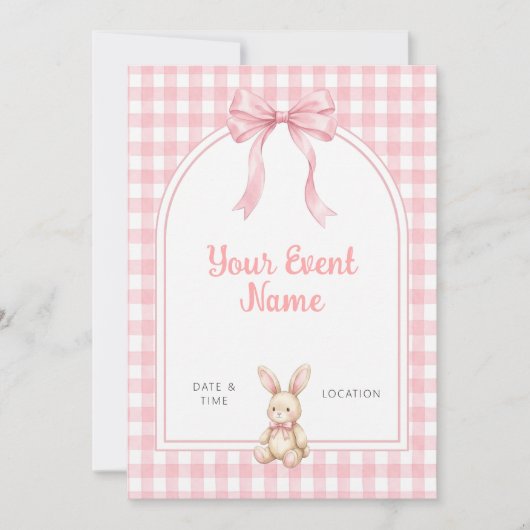 Gingham Roze Boog Konijn Kaart (Voorkant)