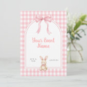 Gingham Roze Boog Konijn Kaart (Staand voorkant)