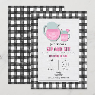 Gingham roze limonade Sip & See Baby Invitation Kaart