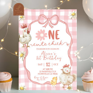 Gingham Roze Madeliefje Eén Schattig Kuiken 1e Ver Kaart