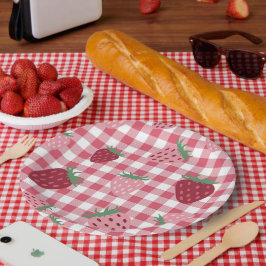 Gingham roze & rode aardbei bessen papieren bordje