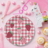 Gingham roze & rode aardbei bessen papieren bordje (Feest)