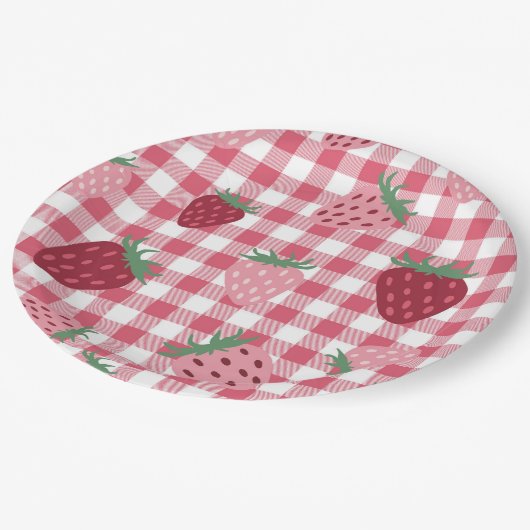 Gingham roze & rode aardbei bessen papieren bordje (Gekanteld)