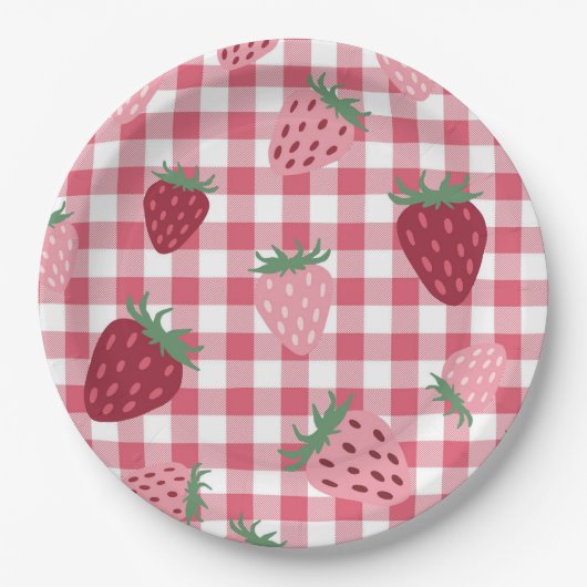 Gingham roze & rode aardbei bessen papieren bordje (Voorkant)