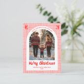 Gingham Roze Rode Kerst Custom Arch 3 Foto Feestdagenkaart (Staand voorkant)