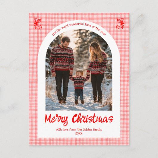 Gingham Roze Rode Kerst Custom Arch 3 Foto Feestdagenkaart (Voorkant)