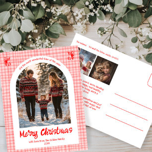 Gingham Roze Rode Kerst Custom Arch 3 Foto Feestdagenkaart