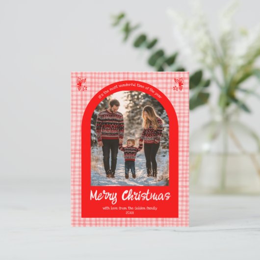 Gingham Roze Rode Kerst Custom Arch 3 Foto Feestdagenkaart (Staand voorkant)
