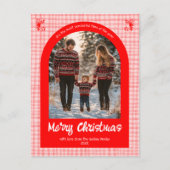 Gingham Roze Rode Kerst Custom Arch 3 Foto Feestdagenkaart (Voorkant)