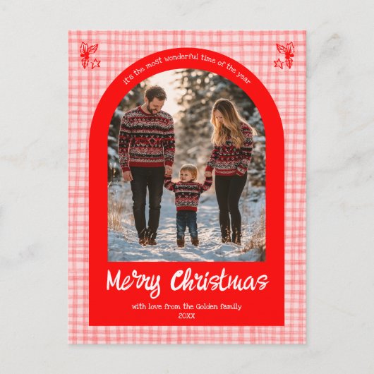 Gingham Roze Rode Kerst Custom Arch 3 Foto Feestdagenkaart (Voorkant)