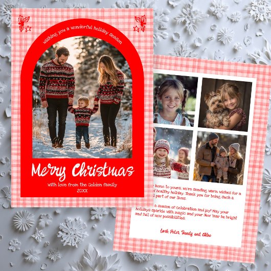 Gingham Roze Rode Kerst Custom Arch 5 Foto Feestdagenkaart
