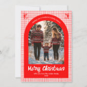 Gingham Roze Rode Kerst Custom Arch 5 Foto Feestdagenkaart (Voorkant)