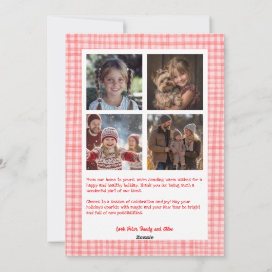 Gingham Roze Rode Kerst Custom Arch 5 Foto Feestdagenkaart (Achterkant)