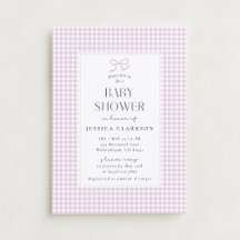 Gingham roze strik babymis meisje uitnodiging