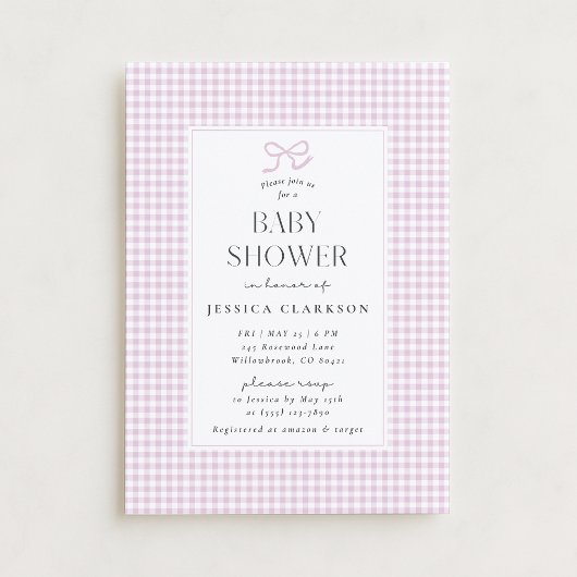 Gingham roze strik babymis meisje uitnodiging