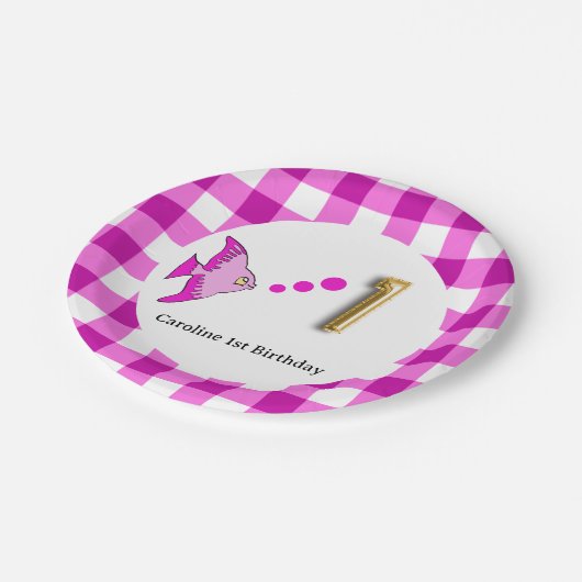 Gingham, Roze Vis & Ballon 1e Verjaardag Papieren Bordje (Gekanteld)