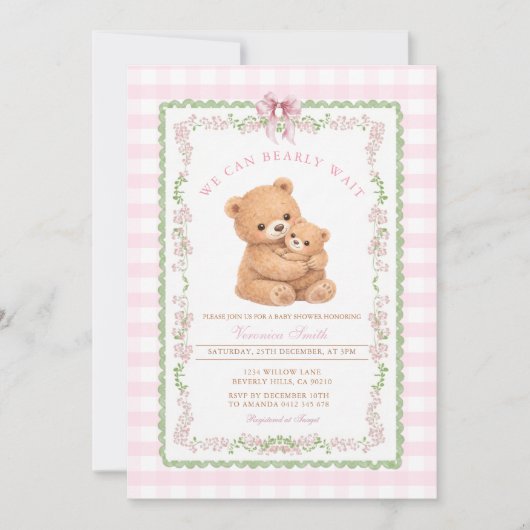 Gingham Roze We kunnen bijna niet wachten Bear Bab Kaart (Voorkant)