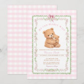 Gingham Roze We kunnen bijna niet wachten Bear Bab Kaart (Voorkant / Achterkant)