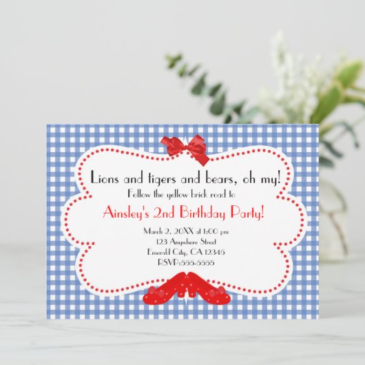 Gingham Ruby Slippers Wizard of Oz Uitnodiging (Staand voorkant)