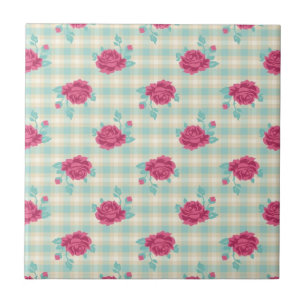 gingham ruitpatroon en hot pink chic rozenpatroon tegeltje