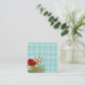 Gingham ruitpatroon turquoise vierkante visitekaartje (Staand voorkant)