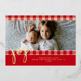 Gingham Rustic Farmhouse Red Beige Christmas Photo Folie Feestdagenkaart