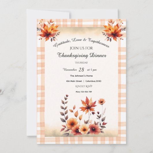 Gingham Rustic  Thanksgiving Uitnodiging (Voorkant)