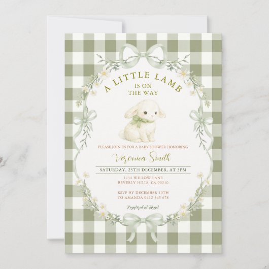 Gingham Sage Green Little Lamb Baby Shower Kaart (Voorkant)