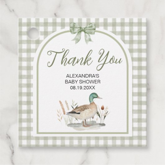 Gingham Sage Green Mallard Duck Baby shower Bedankjes Labels (Voorkant)