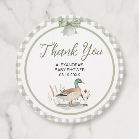 Gingham Sage Green Mallard Duck Baby shower Bedankjes Labels (Voorkant)
