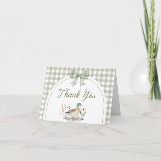 Gingham Sage Green Mallard Duck Baby shower Bedankkaart (Voorkant)