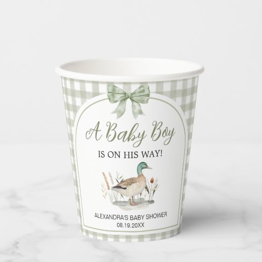 Gingham Sage Green Mallard Duck Baby shower Papieren Bekers (Voorkant)