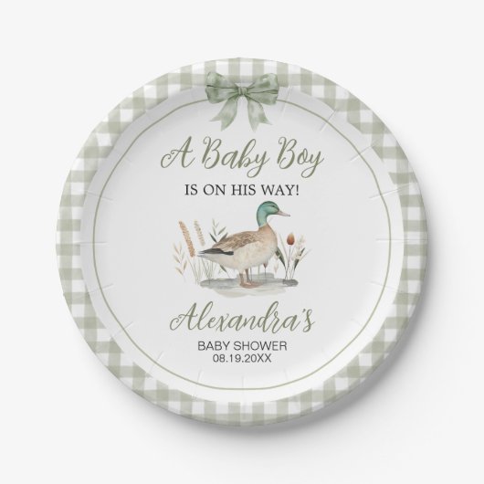 Gingham Sage Green Mallard Duck Baby shower Papieren Bordje (Voorkant)