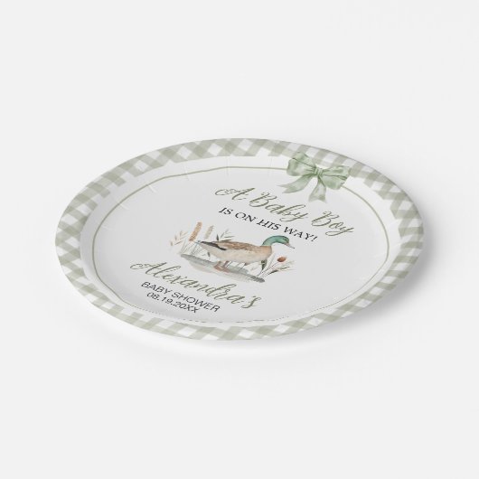 Gingham Sage Green Mallard Duck Baby shower Papieren Bordje (Gekanteld)