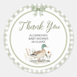 Gingham Sage Green Mallard Duck Baby shower Ronde Sticker
