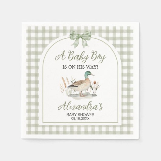 Gingham Sage Green Mallard Duck Baby shower Servet (Voorkant)