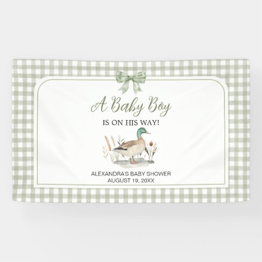 Gingham Sage Green Mallard Duck Baby shower Spandoek (Horizontaal)