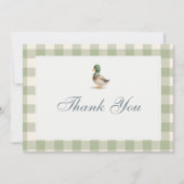 Gingham Sage Green Mallard Duck Bow Baby Shower Bedankkaart (Voorkant)