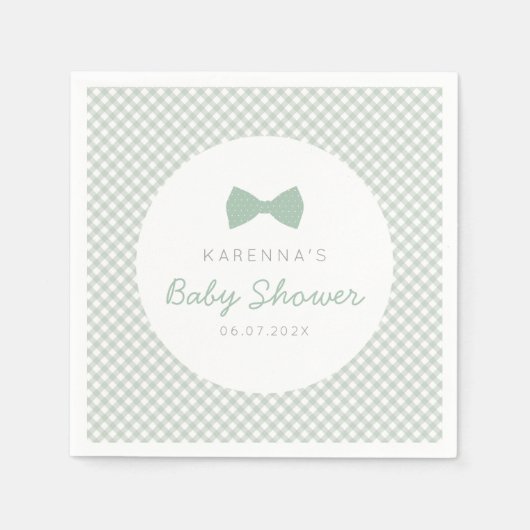 Gingham sage groene boog stropdas baby shower servet (Voorkant)