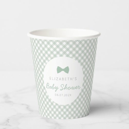 Gingham sage groene boog stropdas schattig baby sh papieren bekers (Voorkant)