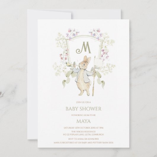 Gingham Sage Peter het Konijn Monogram Baby shower Kaart (Voorkant)