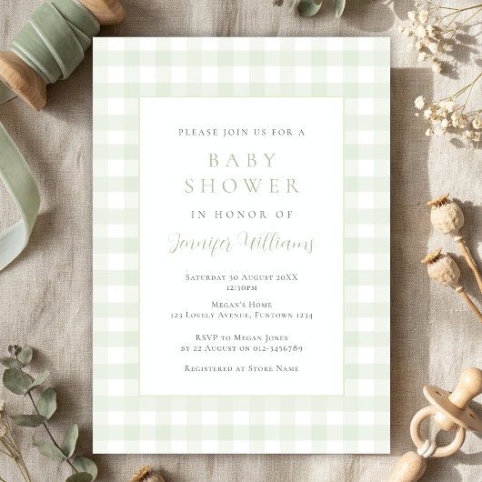 Gingham Saliegroen Baby Shower Uitnodiging