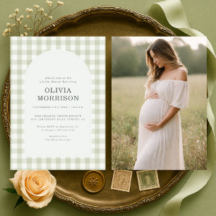 Gingham Saliegroen Foto Baby Borrel Kaart
