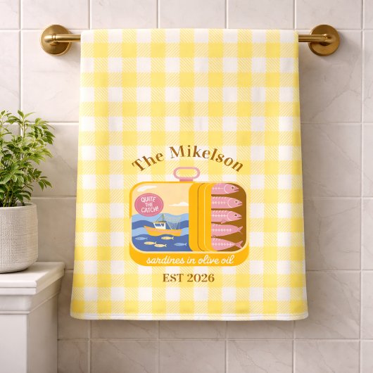 Gingham Sardines Aangepaste Familienaam Badhanddoek