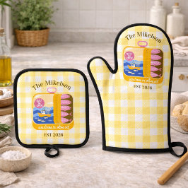 Gingham Sardines Aangepaste Familienaam Ovenwant & Pannenlap Set
