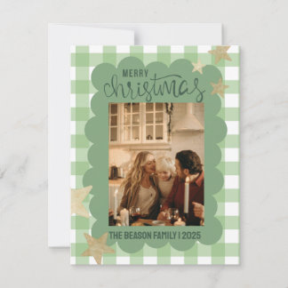 Gingham Scallop Groene Foto Kerstmis Feestdagenkaart
