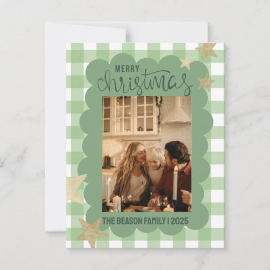 Gingham Scallop Groene Foto Kerstmis Feestdagenkaart (Voorkant)