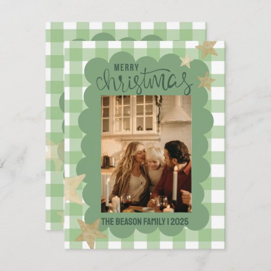 Gingham Scallop Groene Foto Kerstmis Feestdagenkaart (Voorkant / Achterkant)