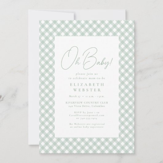 Gingham schattig neutraal groen baby shower kaart (Voorkant)